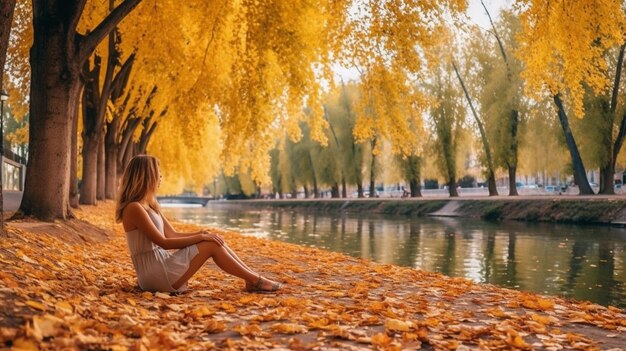 Beautiful woman at autumn park with fallen leaves