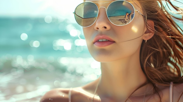 Beautiful Woman on Beach Wearing Sunglasses Stock Photo Woman beach sunglasses