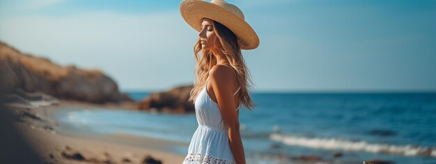 beautiful woman in a beautiful dress and hat on the background of the sea