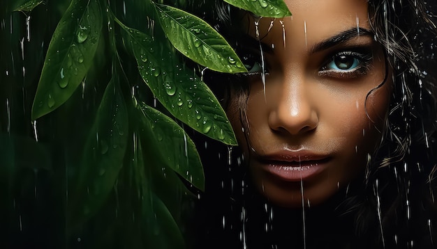 beautiful woman in beautiful green leaves in the style of photorealistic eye