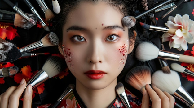 A beautiful woman being covered by several different makeup