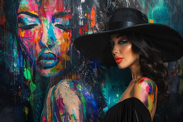 A beautiful woman in a black dress and a big hat stands next to a wall painted with street graffiti