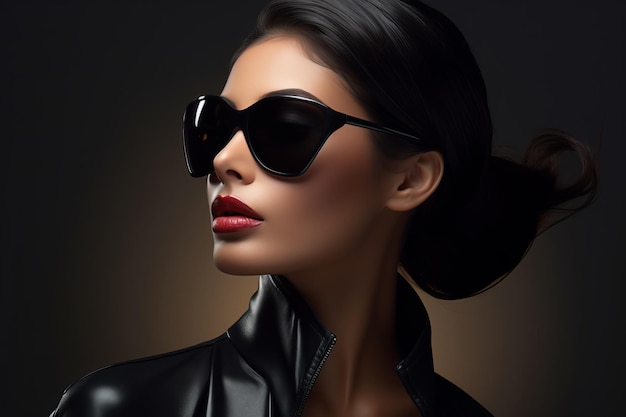 beautiful woman in black leather jacket and sunglasses