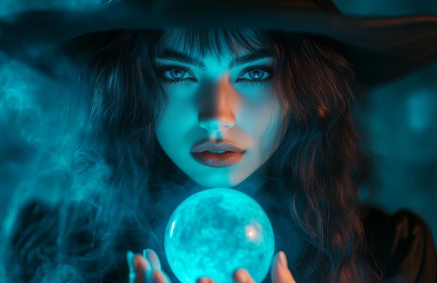 Photo a beautiful woman in a black witch costume holds a glowing crystal ball with mystic energy