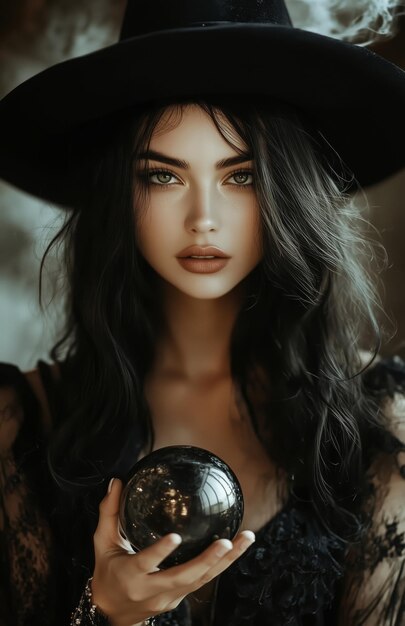 Photo a beautiful woman in a black witch costume holds a glowing crystal ball with mystic energy