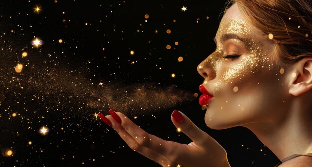 Photo beautiful woman blowing golden stars with sparkling glitter on her face in a festive ambiance