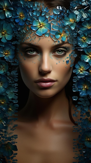 Beautiful woman in a blue nature mosaic