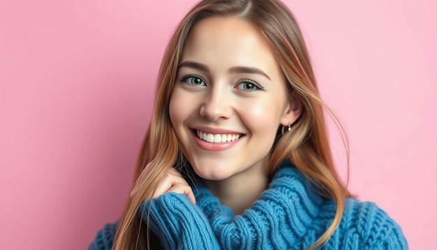 Beautiful woman in a blue sweater on a pink background