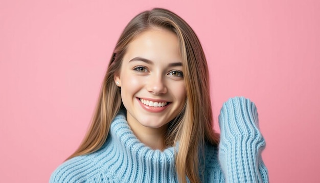 Photo beautiful woman in a blue sweater on a pink background