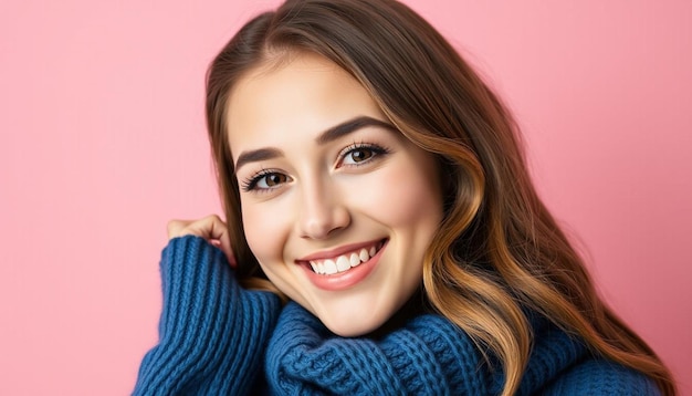 Beautiful woman in a blue sweater on a pink background