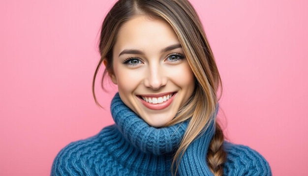 Beautiful woman in a blue sweater on a pink background