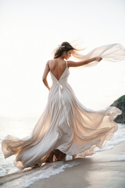 A beautiful woman bride in a long dress and a veil that curl fly in the wind walks on the waves on the shore of the sandy sea