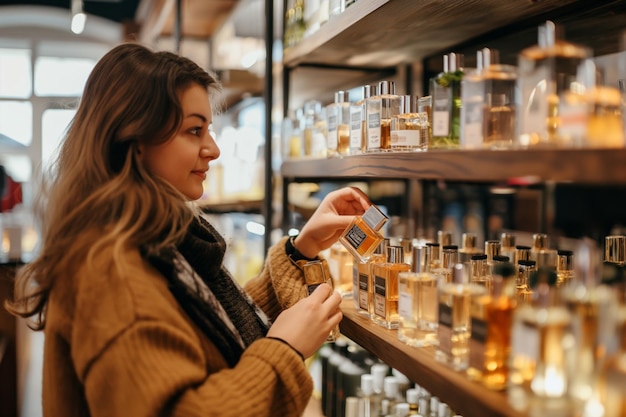 Beautiful woman choosing perfumes and smiling