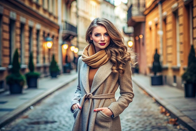 Photo beautiful woman in a coat posing on the street