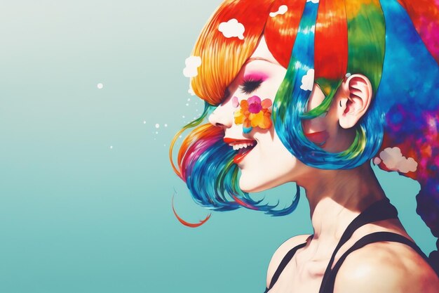 Beautiful woman in a colorful wig digital fine art 3D rendering