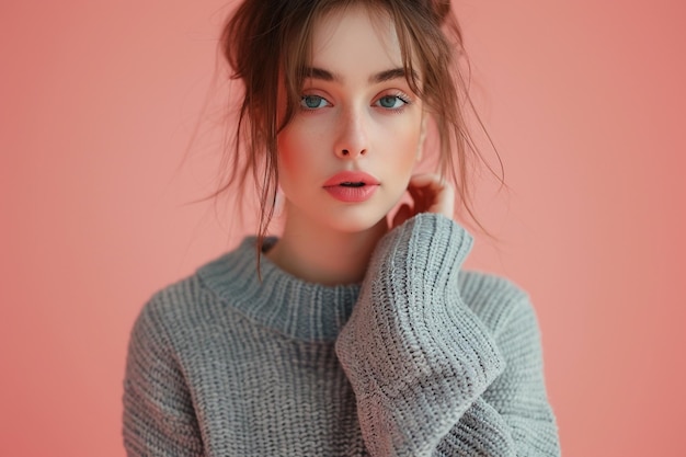 Photo beautiful woman in cool gray sweater with soft coral background ideal for fashion and lifestyle portraits