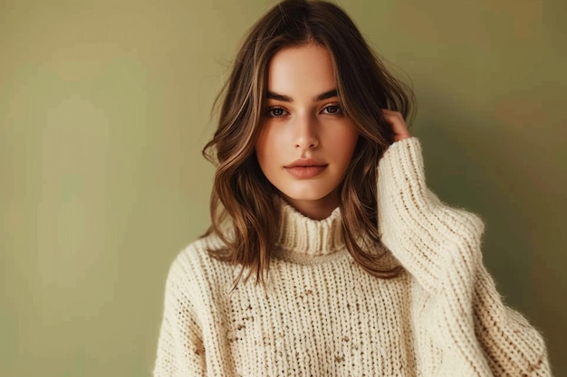 Beautiful woman in Cream Sweater Lifestyle Beautiful female portrait Fashion background with Solid Light Olive Lifestyle Beautiful female portrait Fashion background