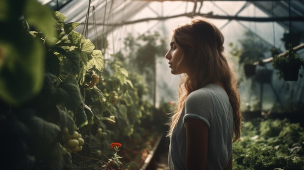 Beautiful Woman Cultivates Her Own Fresh Organic Vegetables in a Small Garden Generative ai