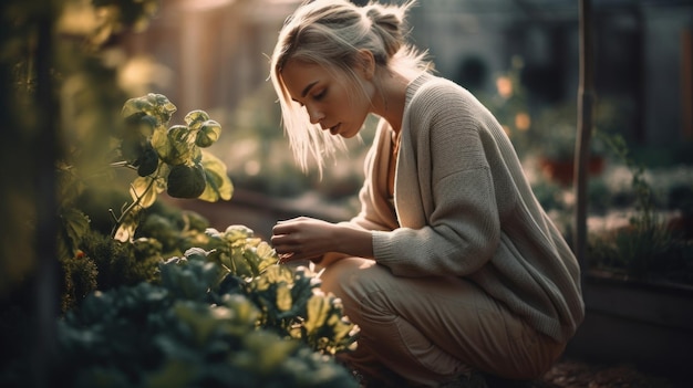 Beautiful Woman Cultivates Her Own Fresh Organic Vegetables in a Small Garden Generative ai