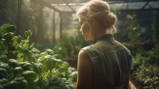 Beautiful Woman Cultivates Her Own Fresh Organic Vegetables in a Small Garden Generative ai