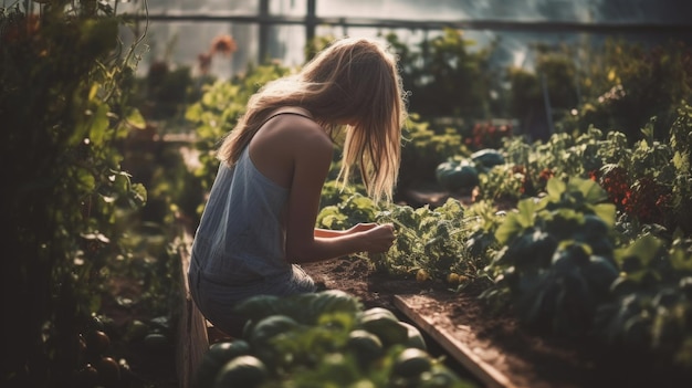 Beautiful Woman Cultivates Her Own Fresh Organic Vegetables in a Small Garden Generative ai