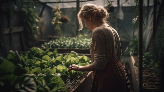 Beautiful Woman Cultivates Her Own Fresh Organic Vegetables in a Small Garden Generative ai