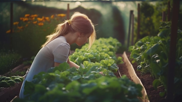 Beautiful Woman Cultivates Her Own Fresh Organic Vegetables in a Small Garden Generative ai