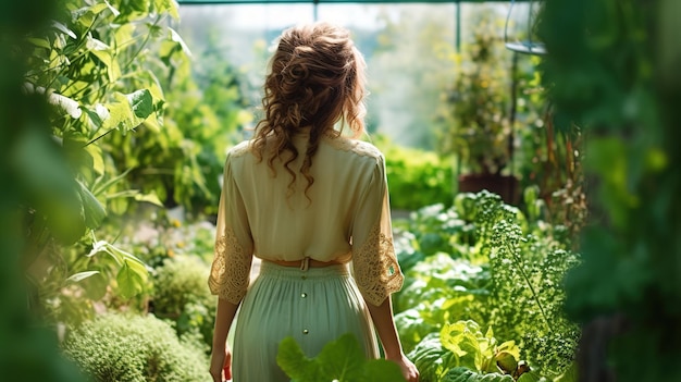 Beautiful Woman Cultivates Her Own Fresh Organic Vegetables in a Small Garden Generative ai