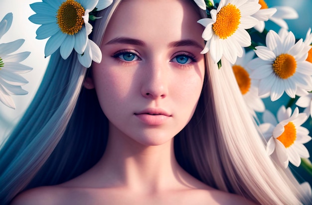 Beautiful woman in daisies Portrait of pretty model with composition of chamomile Generative AI