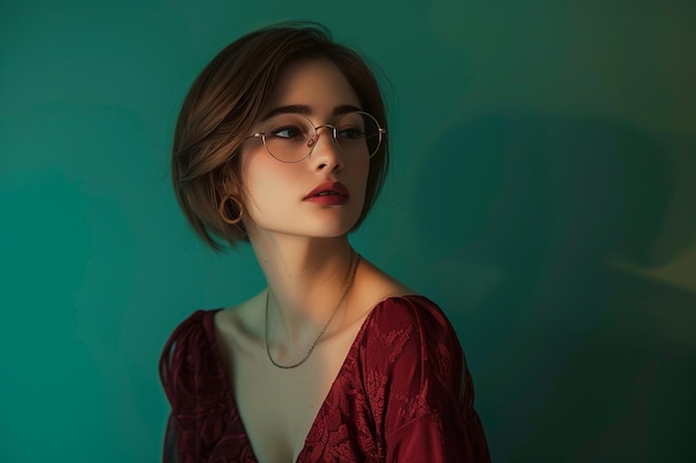 Photo beautiful woman in deep maroon dress and chic glasses shown in a lifestyle portrait with a mint green fashion background embodying classic elegance