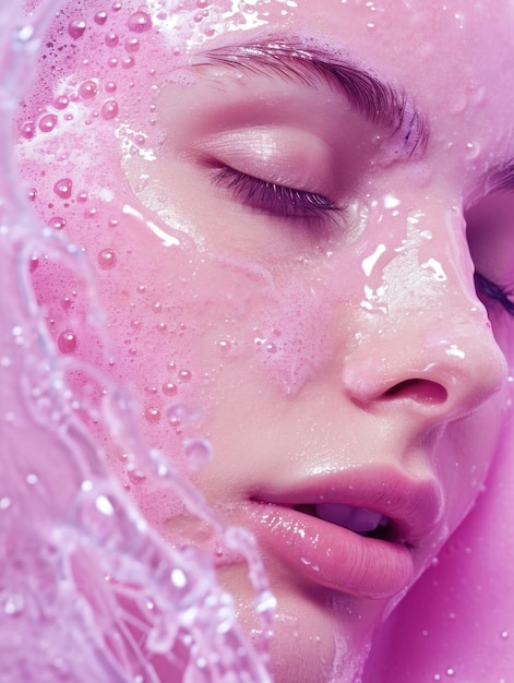 Beautiful woman doused with pink gel or slime close up