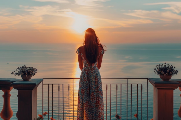 Beautiful woman in dress standing and enjoying the large balcony on sunset with sea view Back view