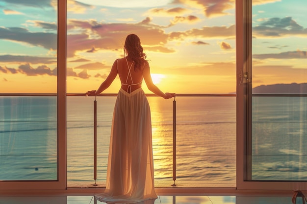 Beautiful woman in dress standing and enjoying the large balcony on sunset with sea view Back view