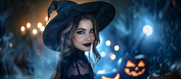 Beautiful Woman Dressed as a Smiling Witch Halloween Decoration and Night