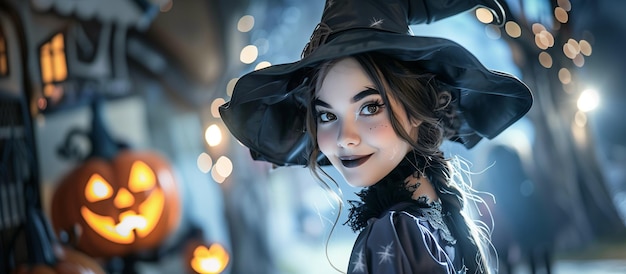 Beautiful Woman Dressed as a Smiling Witch Halloween Decoration and Night