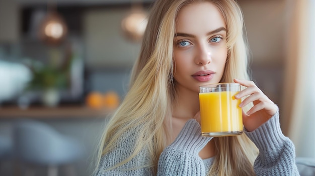 A Beautiful Woman Drinking Orange Juice In The Morning At Home