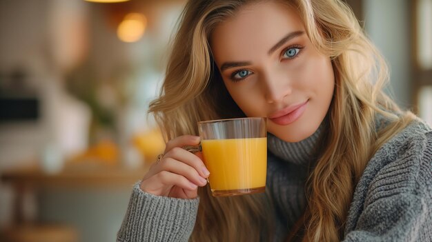 Photo a beautiful woman drinking orange juice in the morning at home