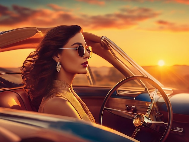 A beautiful woman driving a vintage car in the sunset