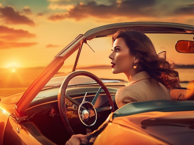 A beautiful woman driving a vintage car in the sunset