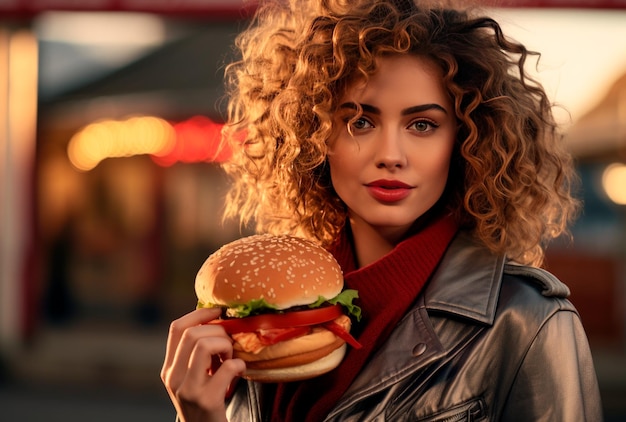 a beautiful woman eating hamburger