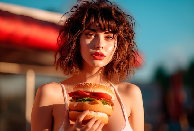 a beautiful woman eating hamburger