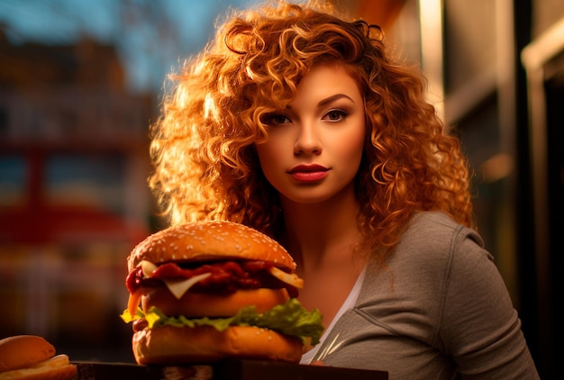 a beautiful woman eating hamburger