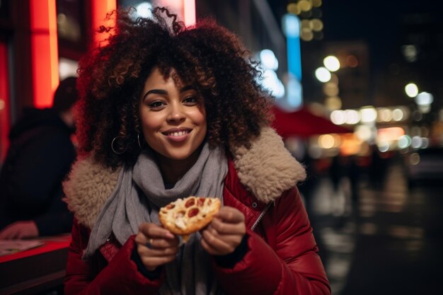 Beautiful woman eating street food outdoors