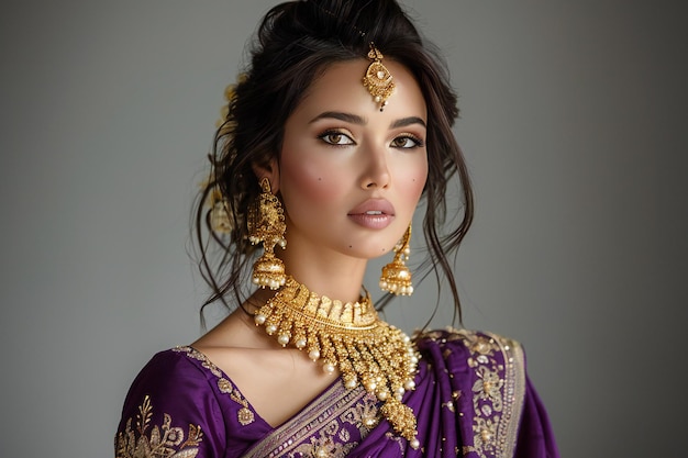 A beautiful woman in an elegant purple sari with gold jewelry showcasing her luxurious hair and mak