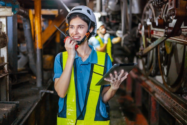 Beautiful woman engineer in factory talking on the radio wearing white helmet and work clothes and hand holding tablet at workplace