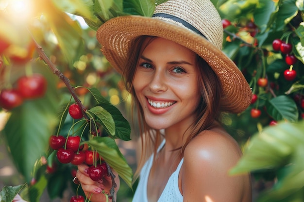 Beautiful woman enjoying picking up cherries in green orchard