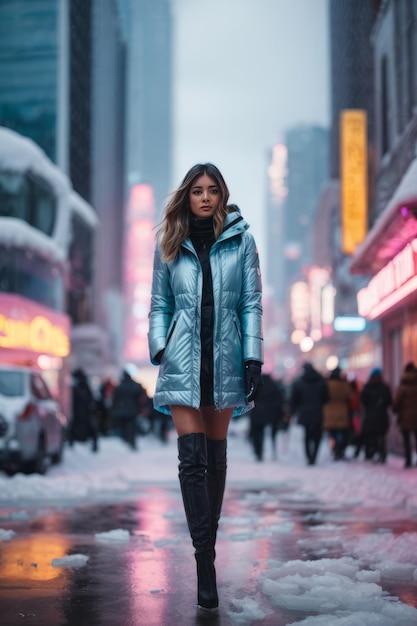 Beautiful woman in the evening street of a modern city with neon signs and people