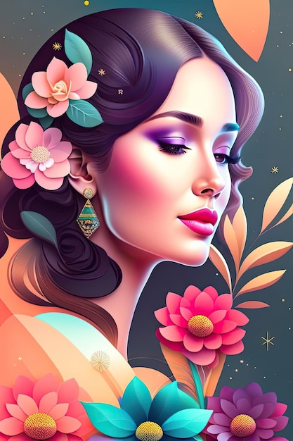 Beautiful woman face and flowers Illustration with copy space for international women's day Celebr