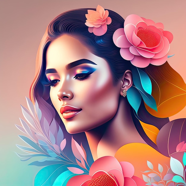 Beautiful woman face and flowers Illustration with copy space for international women's day Celebr