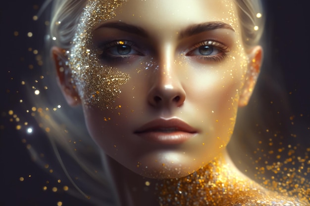 Beautiful Woman Face with Gold Artistic Glitters Makeup